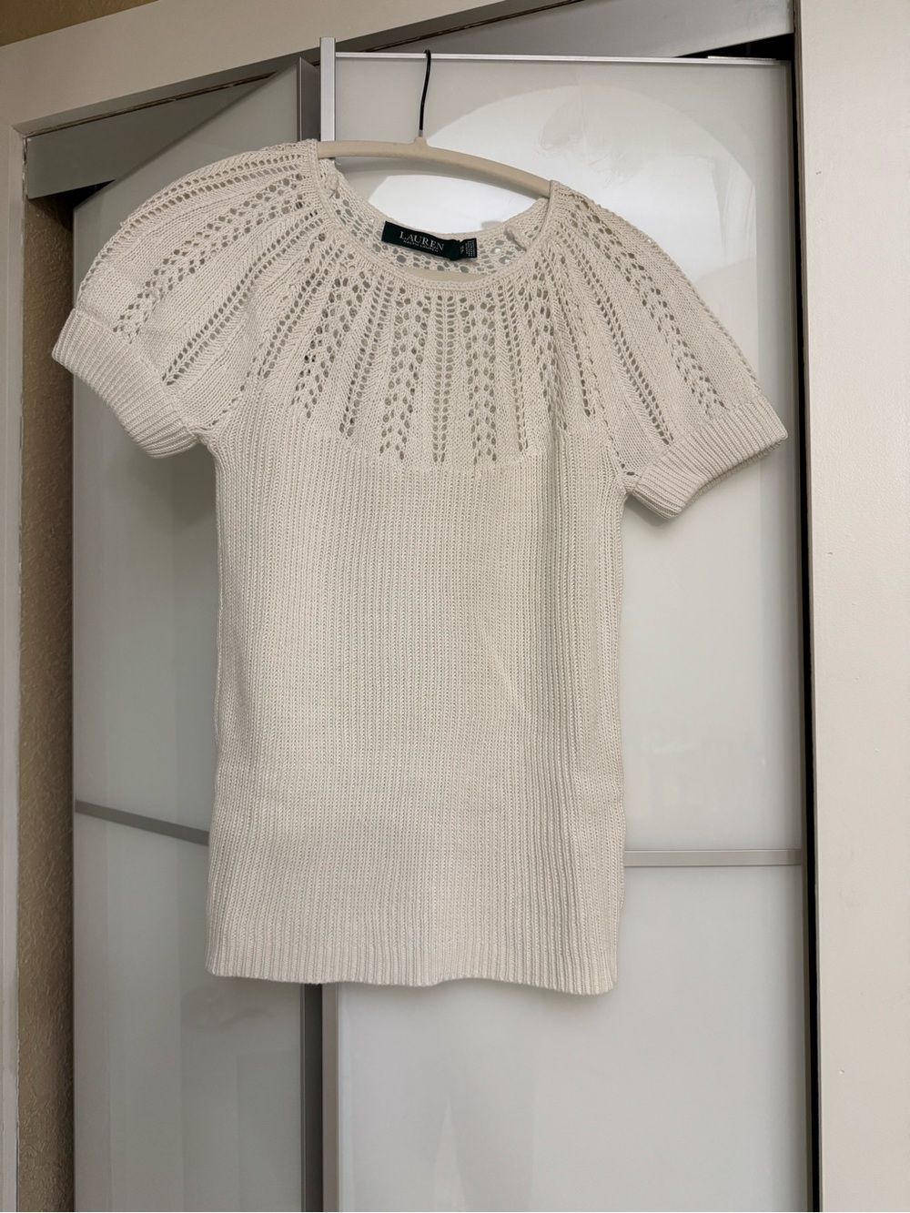 Ralph Lauren white Openwork Yoke Short-Sleeve Knit Top
